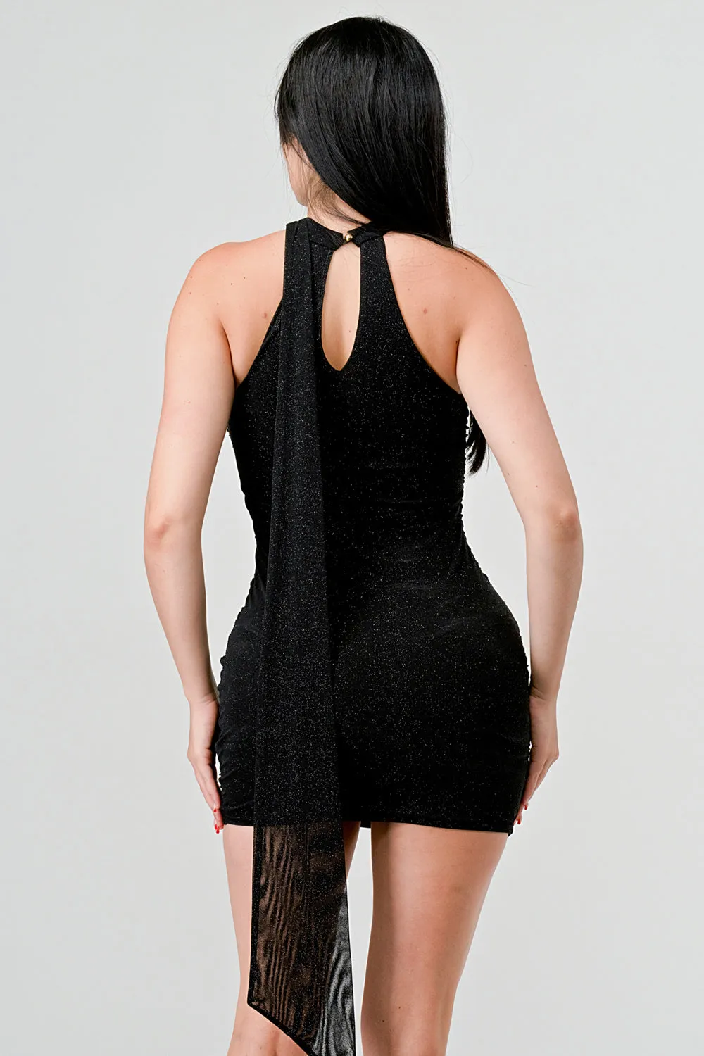 CHIC GLITTER MESH HIGH NECK WRAP STYLE MINI DRESS