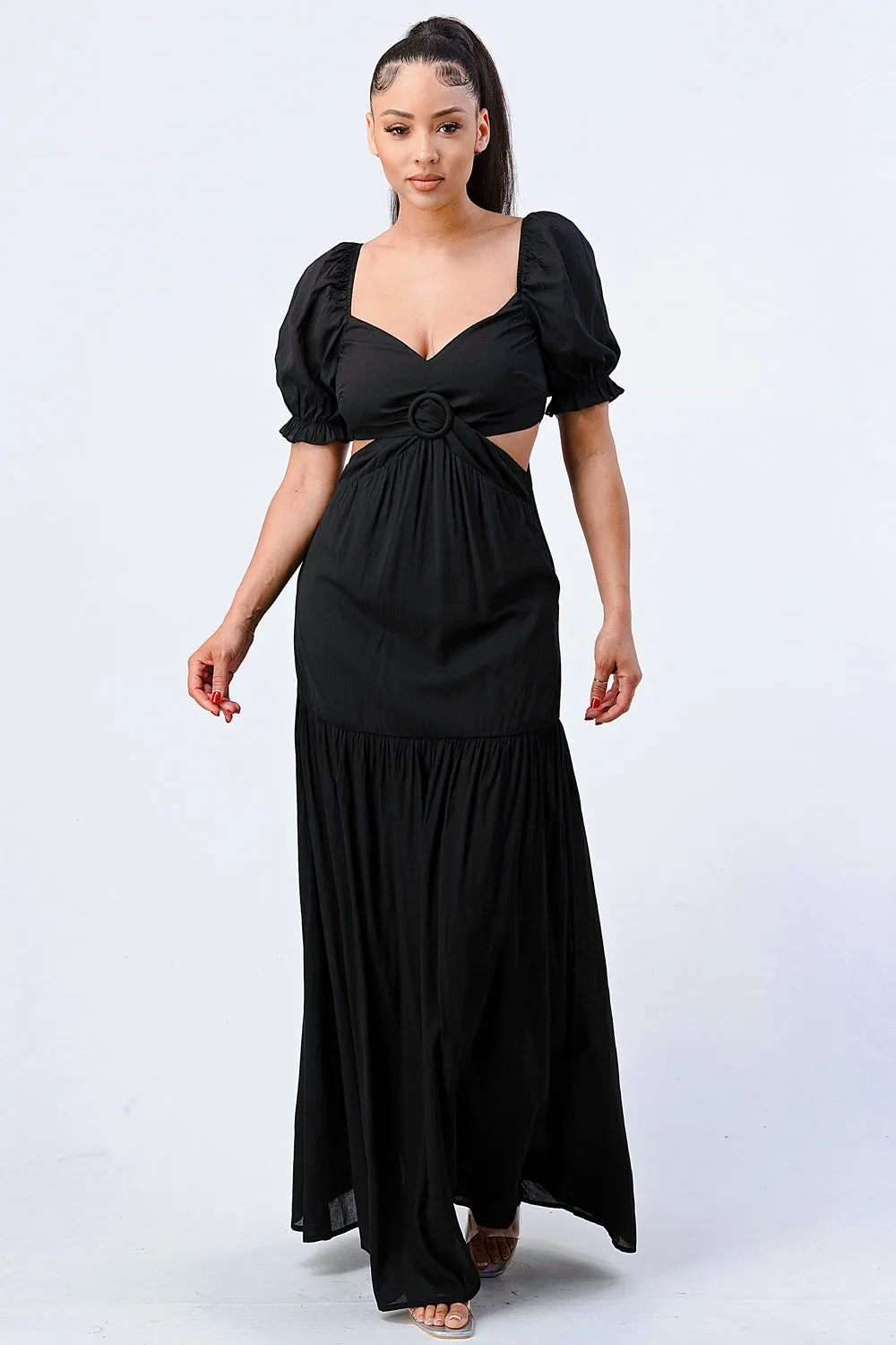 CHIC SWEETHEART SELF BELTED SIDE CUT MAXI DRESS