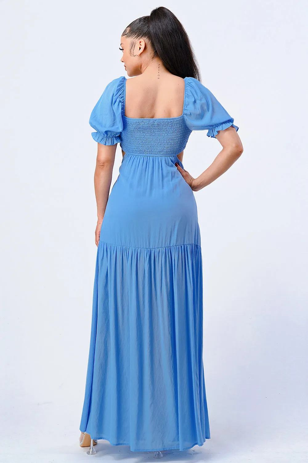CHIC SWEETHEART SELF BELTED SIDE CUT MAXI DRESS