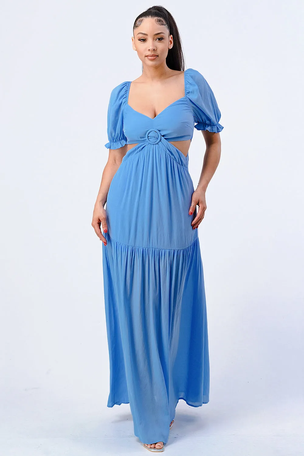 CHIC SWEETHEART SELF BELTED SIDE CUT MAXI DRESS
