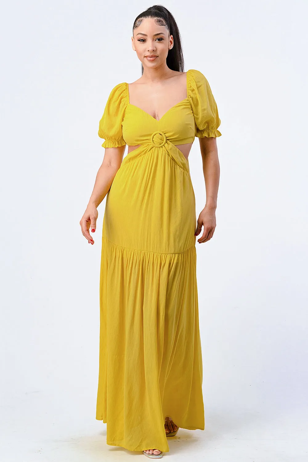 CHIC SWEETHEART SELF BELTED SIDE CUT MAXI DRESS