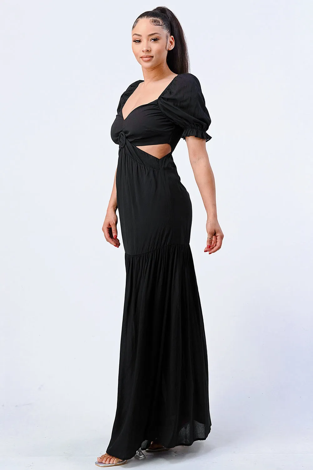 CHIC SWEETHEART SELF BELTED SIDE CUT MAXI DRESS