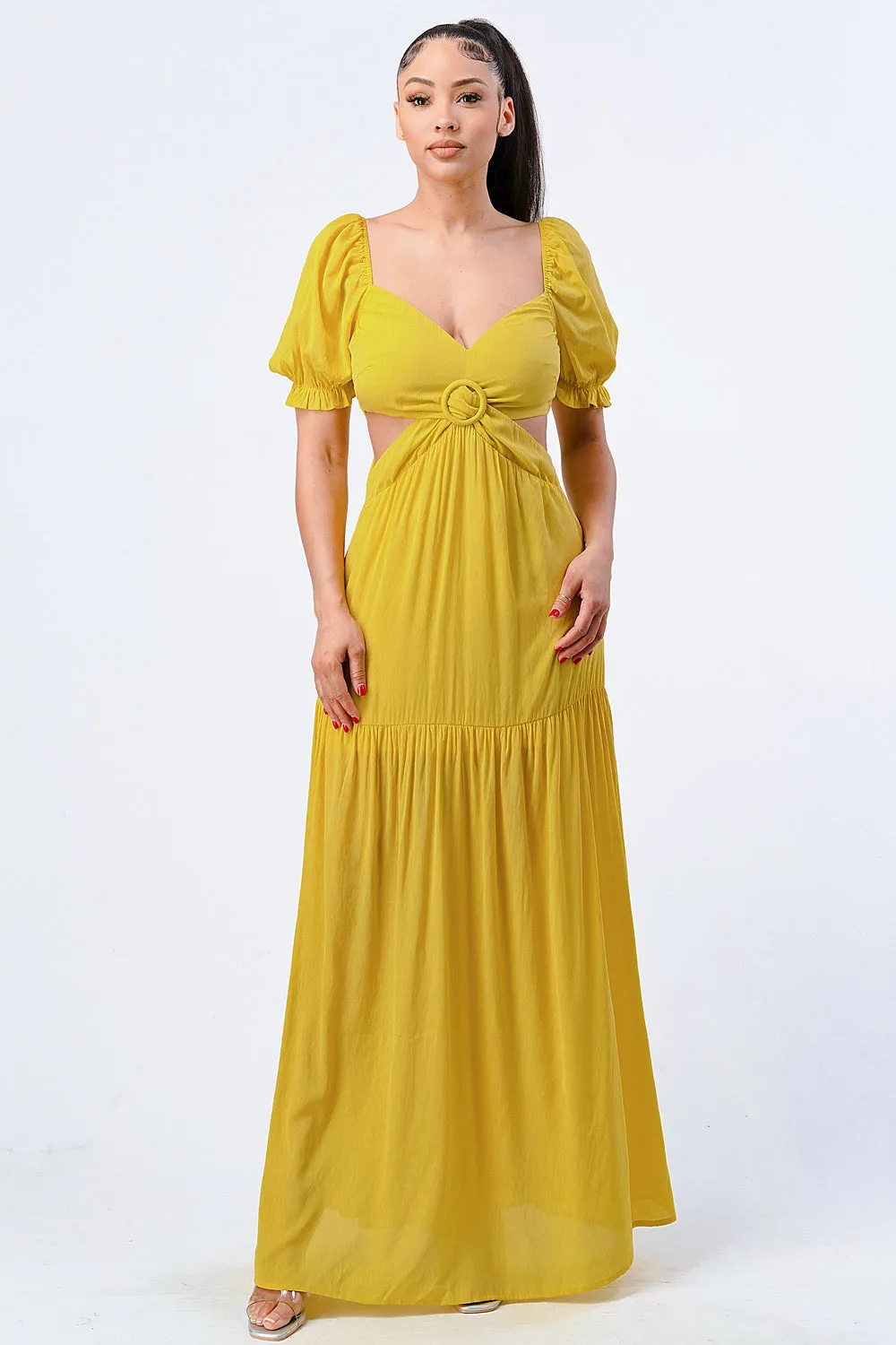 CHIC SWEETHEART SELF BELTED SIDE CUT MAXI DRESS