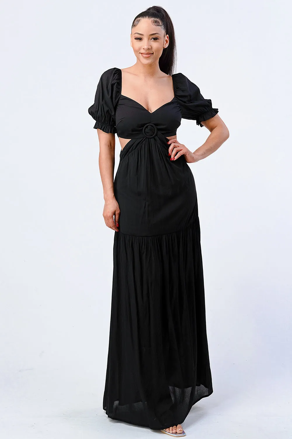 CHIC SWEETHEART SELF BELTED SIDE CUT MAXI DRESS