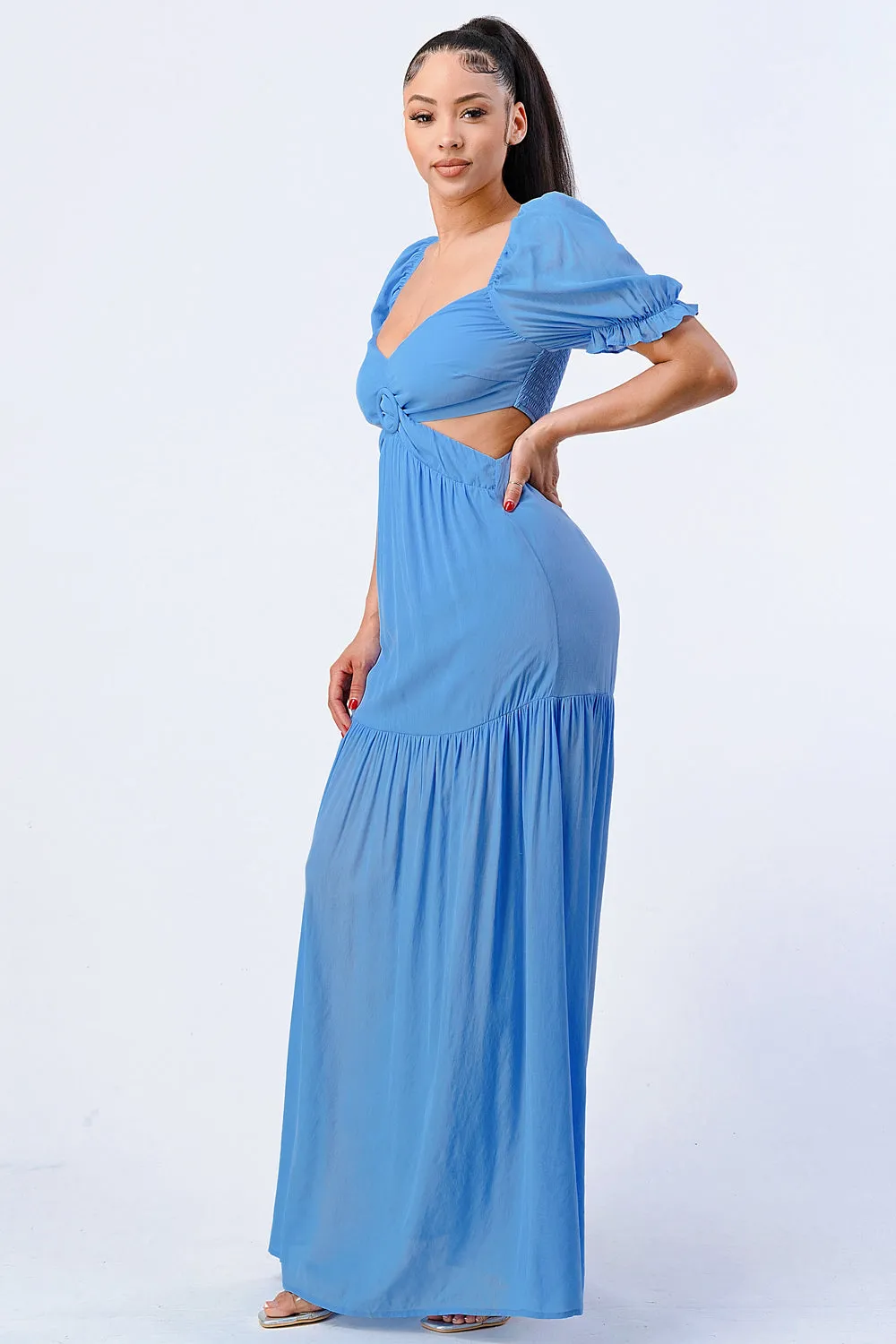 CHIC SWEETHEART SELF BELTED SIDE CUT MAXI DRESS