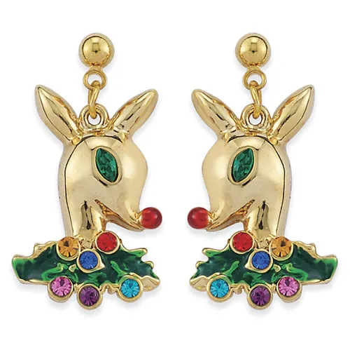 Christmas Jewelry Crystal Holiday Reindeer Dangle Earrings E1181 Gold Multi