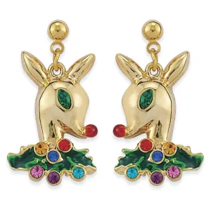Christmas Jewelry Crystal Holiday Reindeer Dangle Earrings E1181 Gold Multi