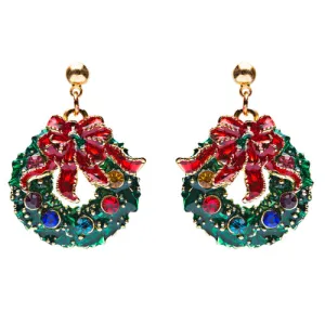 Christmas Jewelry Green Wreath Red Ribbon Gold Tone Crystal Charm Earring