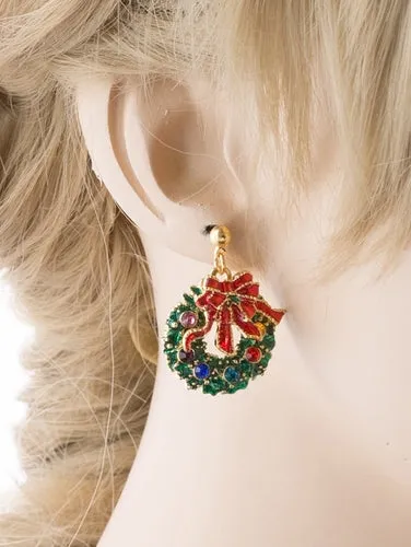 Christmas Jewelry Green Wreath Red Ribbon Gold Tone Crystal Charm Earring