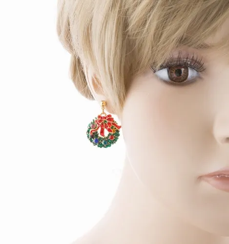Christmas Jewelry Green Wreath Red Ribbon Gold Tone Crystal Charm Earring