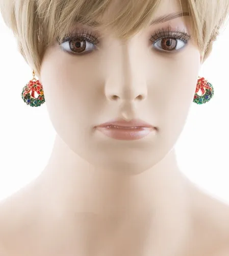 Christmas Jewelry Green Wreath Red Ribbon Gold Tone Crystal Charm Earring