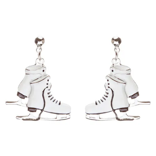 Christmas Jewelry Ice Skating Shoes Silver Tone White Dangle Charm Earrings