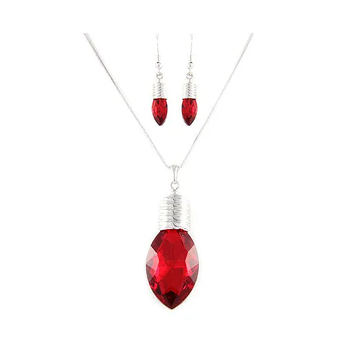 Christmas Jewelry Set Crystal Christmas Light Holiday Necklace Silver Red