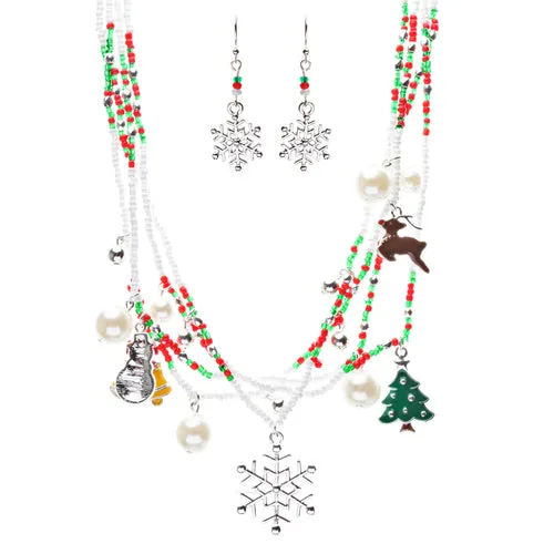 Christmas Jewelry Snowflake Rudolph Snowman Tree Charms Necklace Set JN266 SV