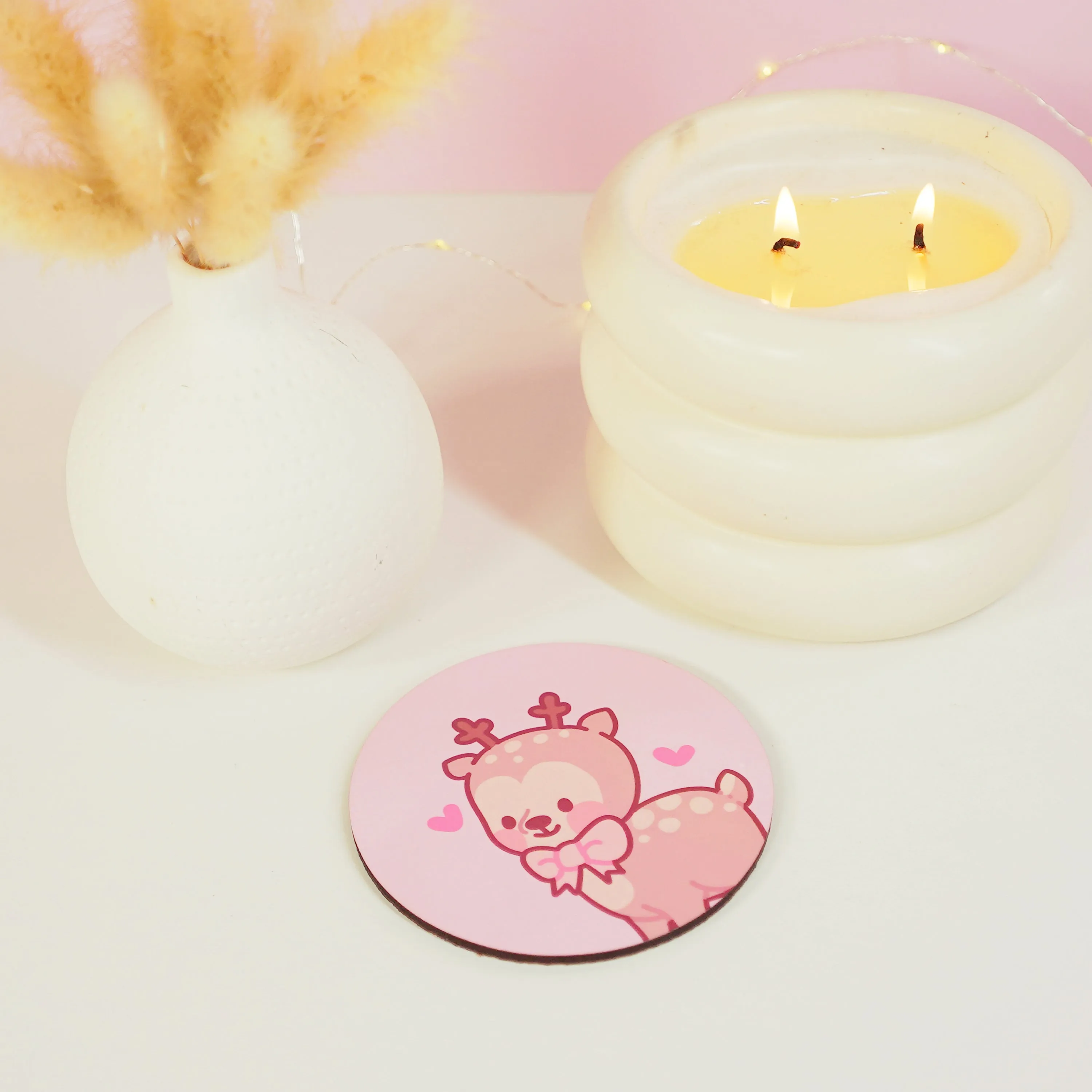 Cinnamon the Chubby Reindeer Standing Pose Coaster | Kawaii Pink Coquette Christmas Desk & Drinkware Decor | Festive Holiday Coaster