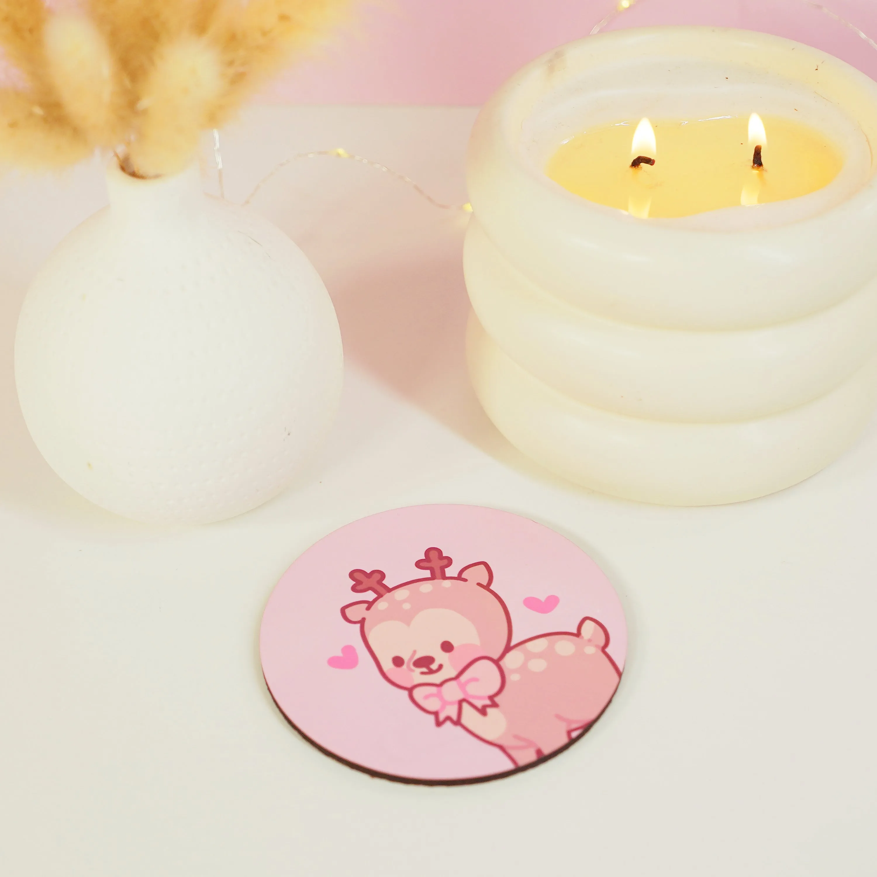 Cinnamon the Chubby Reindeer Standing Pose Coaster | Kawaii Pink Coquette Christmas Desk & Drinkware Decor | Festive Holiday Coaster