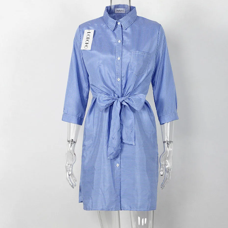 Collared Striped Wrap Dress with Bow Knot Belt