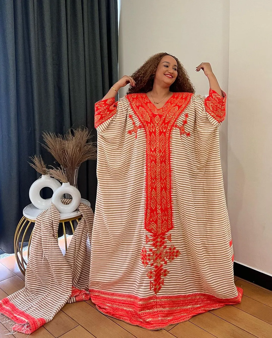 Cream Colored Traditional Ethiopian Dress: with Scarlet Red Handcrafted Habesha Dress Relaxed Eritrean Clothing