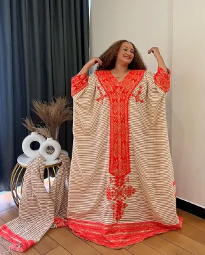 Cream Colored Traditional Ethiopian Dress: with Scarlet Red Handcrafted Habesha Dress Relaxed Eritrean Clothing