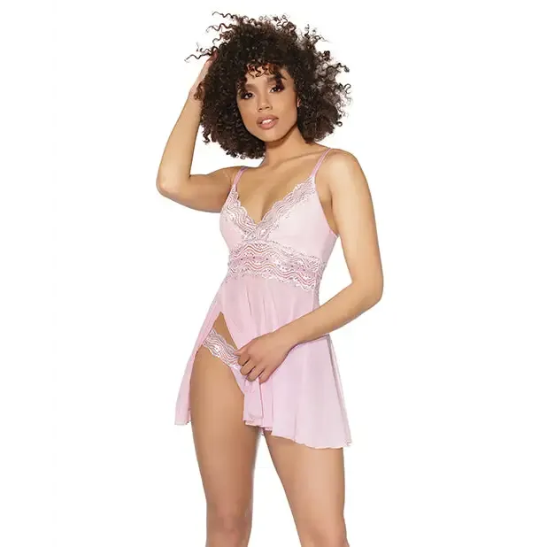 Crystal Pink Babydoll W/lightly Padded Cups & Thong Pink/silver