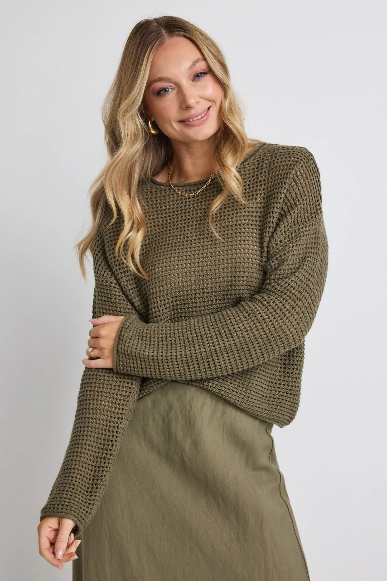 Dawn Soft Khaki Crochet Knit Jumper