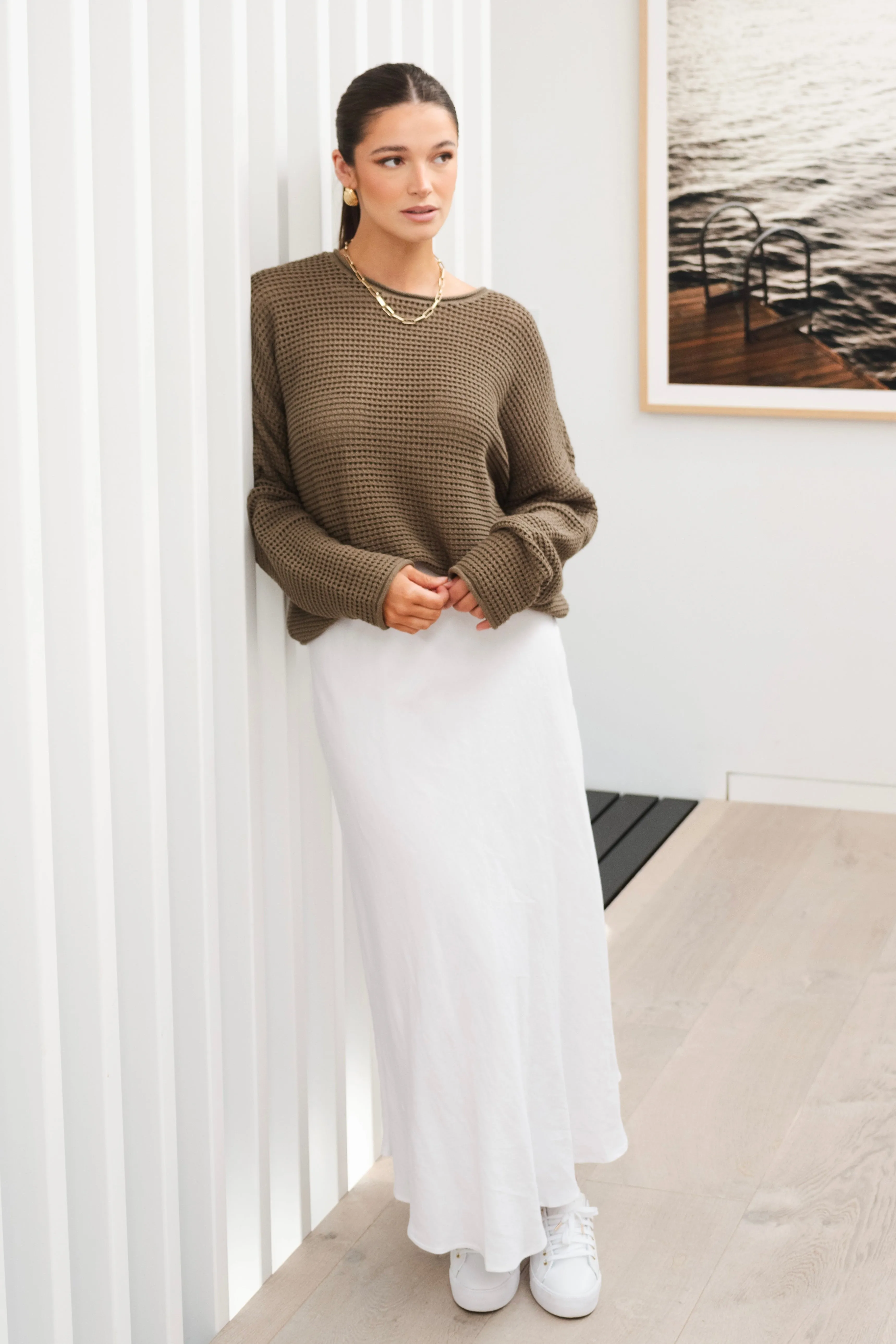 Dawn Soft Khaki Crochet Knit Jumper