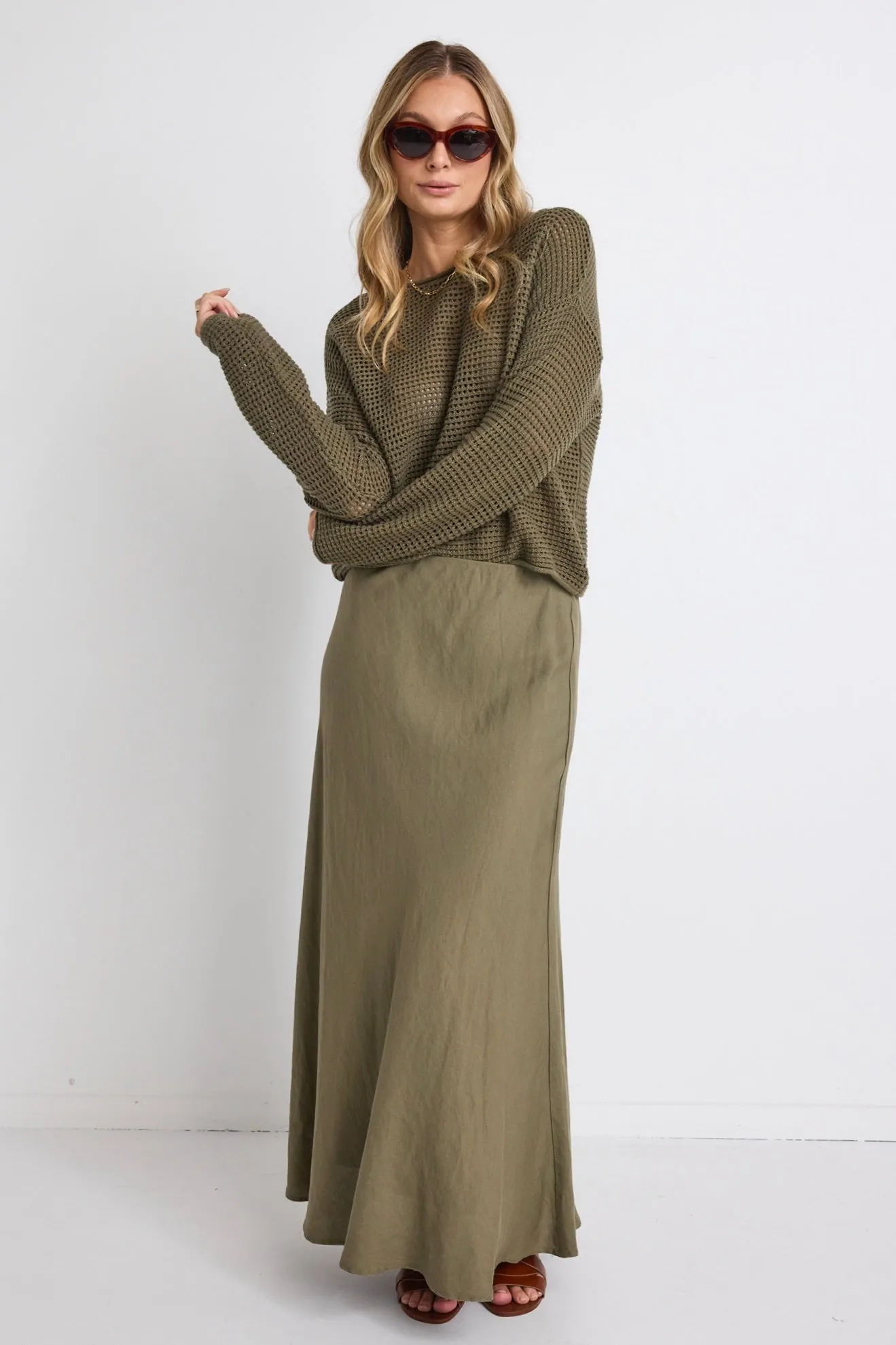 Dawn Soft Khaki Crochet Knit Jumper