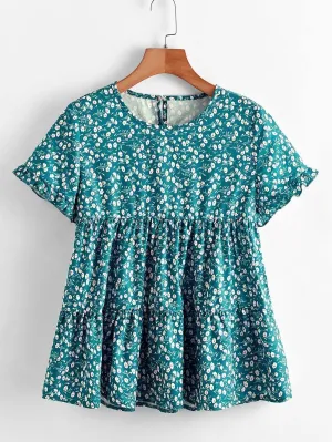 Ditsy Floral Print Keyhole Back Babydoll Blouse