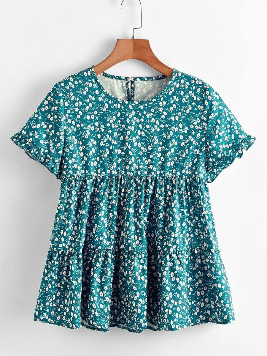 Ditsy Floral Print Keyhole Back Babydoll Blouse