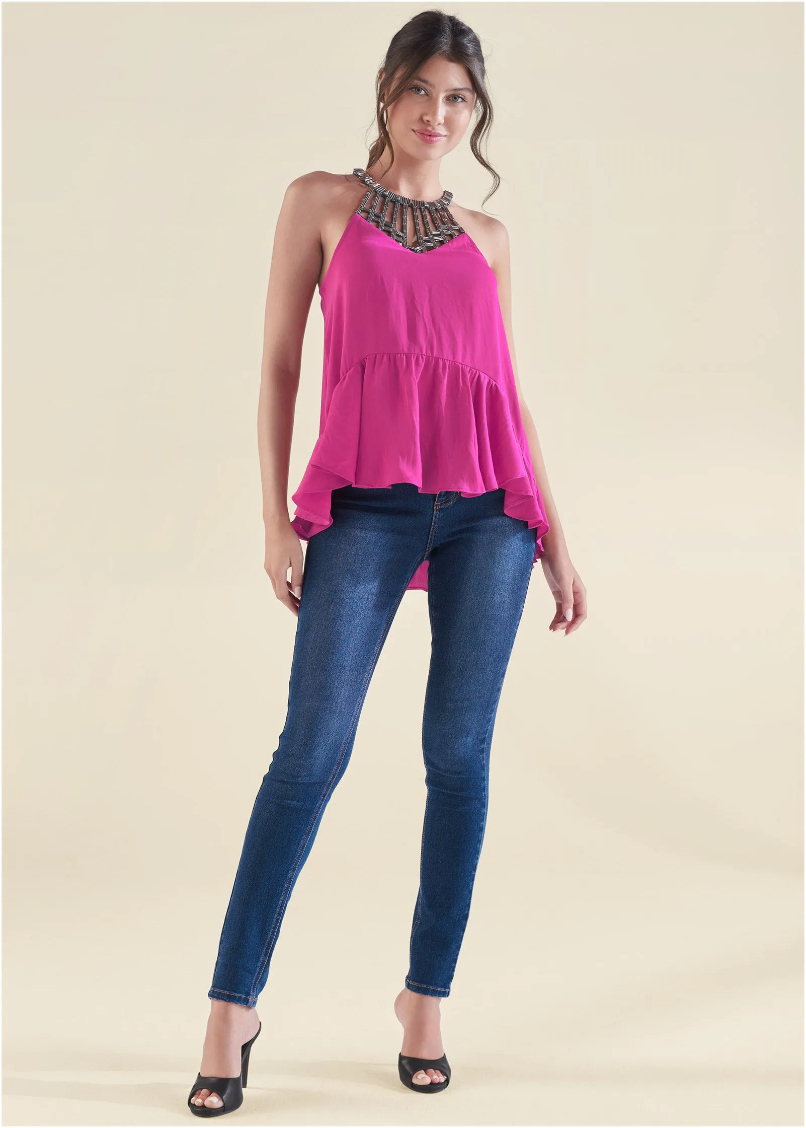 Embellished Neckline Top - Fuchsia