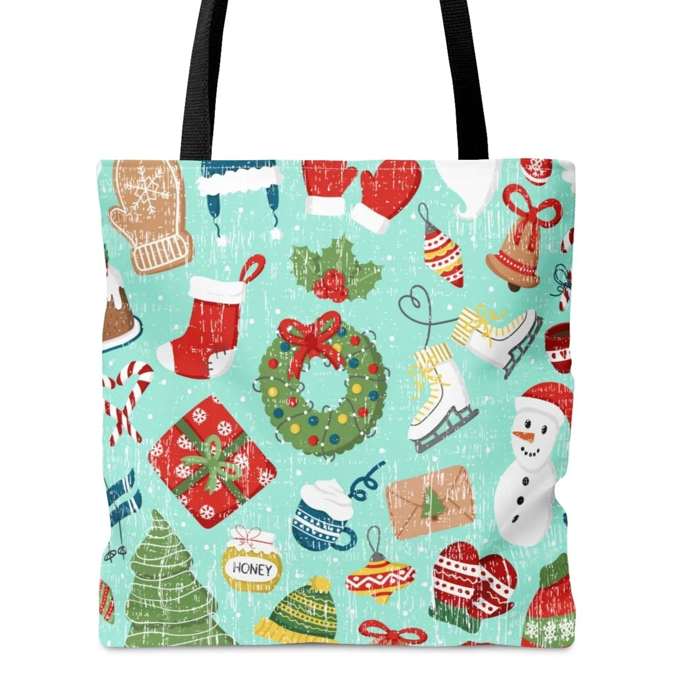 Festive Christmas Items on Light Teal Large Tote Bag - Holiday Cheer Accessory