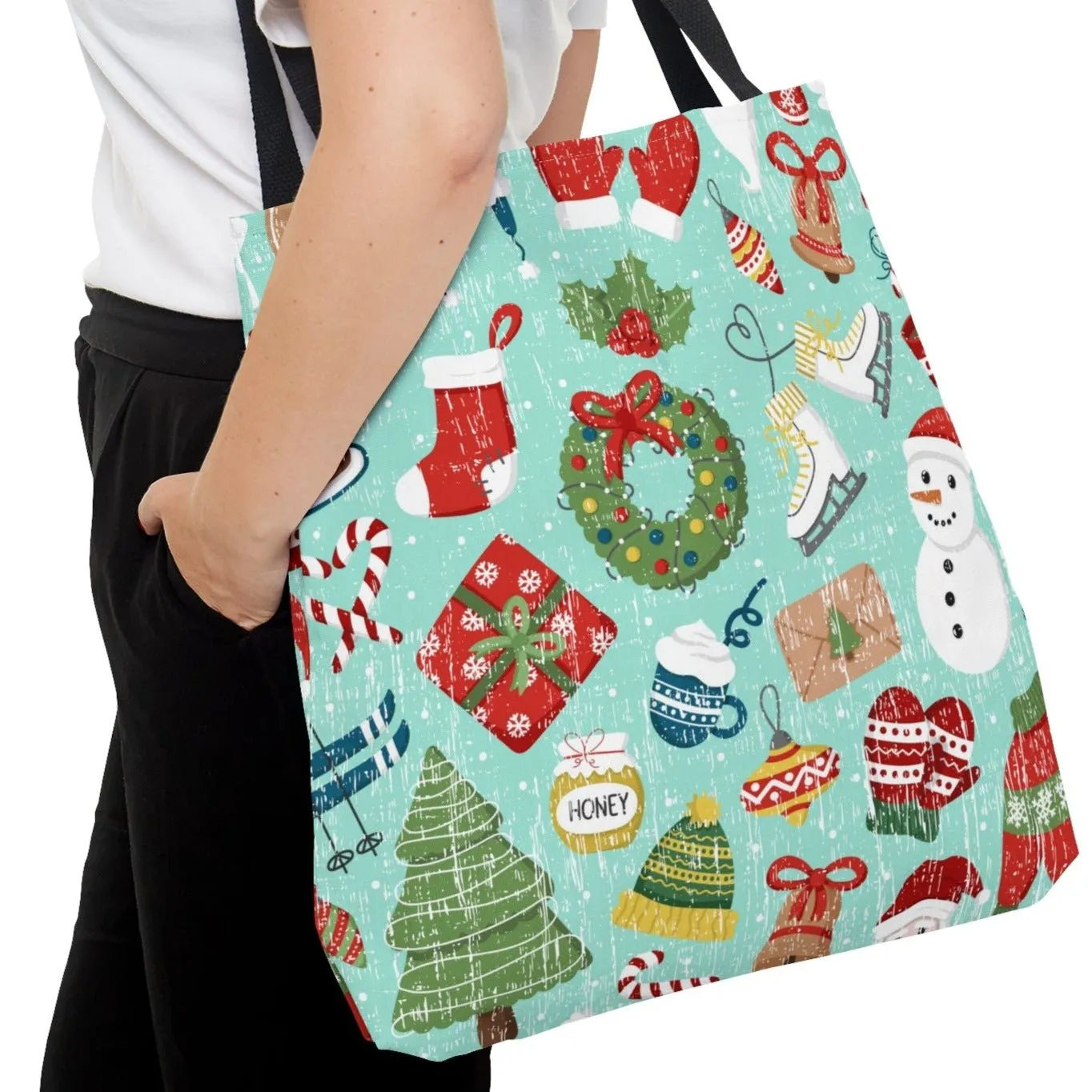 Festive Christmas Items on Light Teal Large Tote Bag - Holiday Cheer Accessory