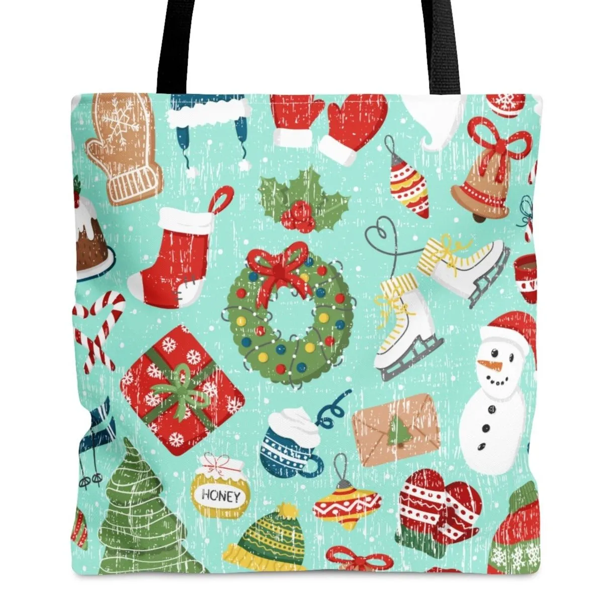 Festive Christmas Items on Light Teal Large Tote Bag - Holiday Cheer Accessory