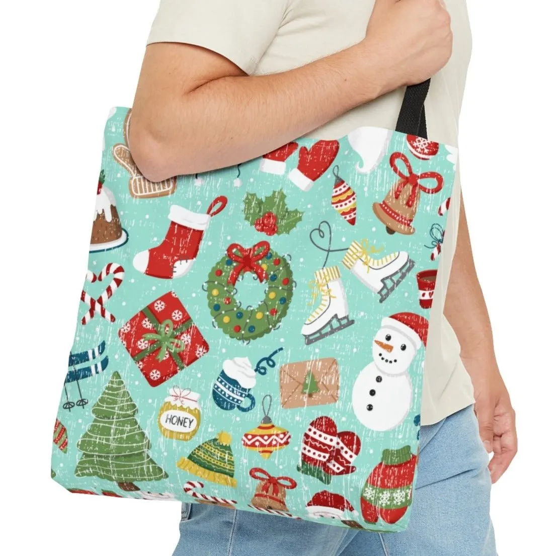 Festive Christmas Items on Light Teal Large Tote Bag - Holiday Cheer Accessory