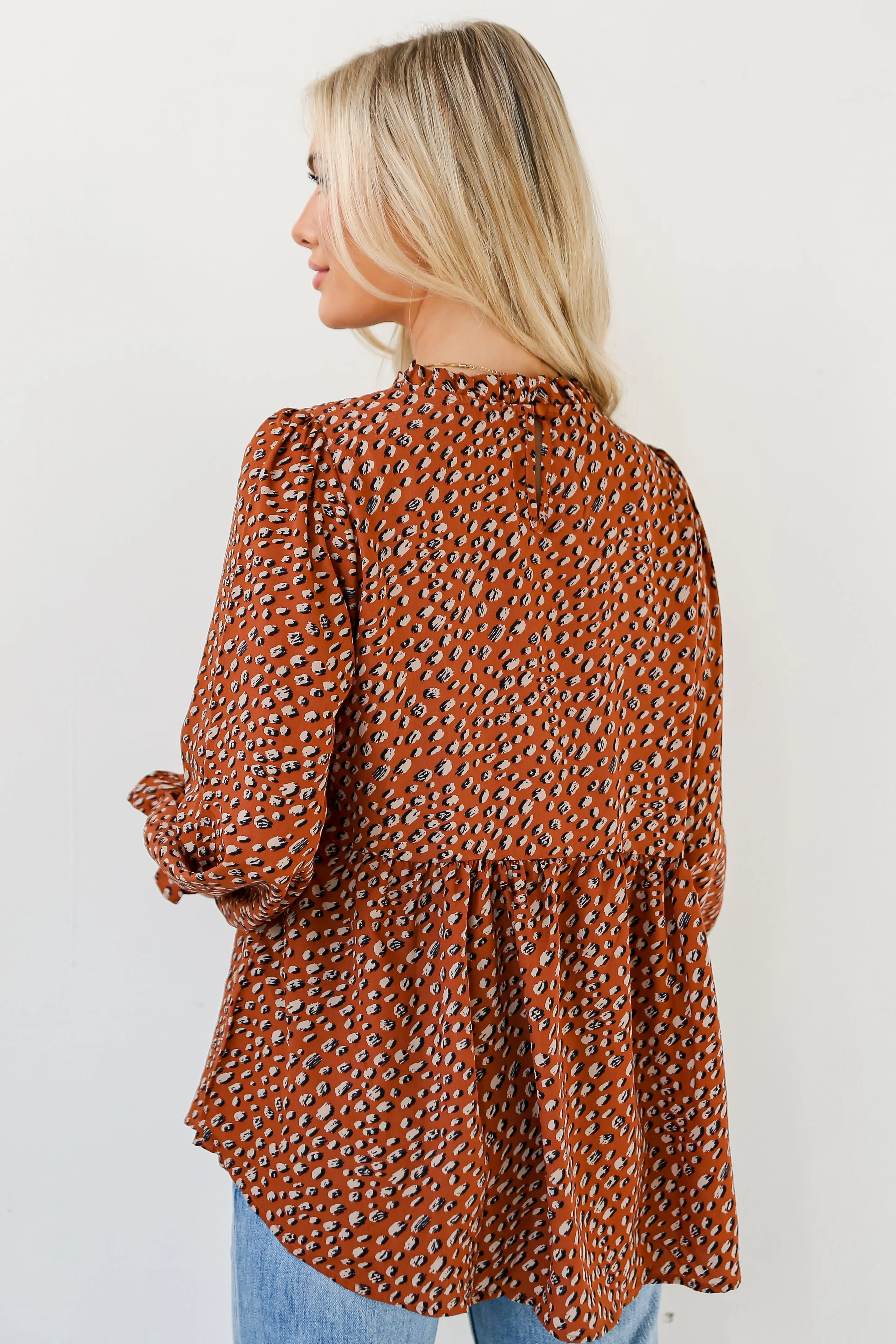 FINAL SALE - Exceptional Option Brown Spotted Babydoll Blouse