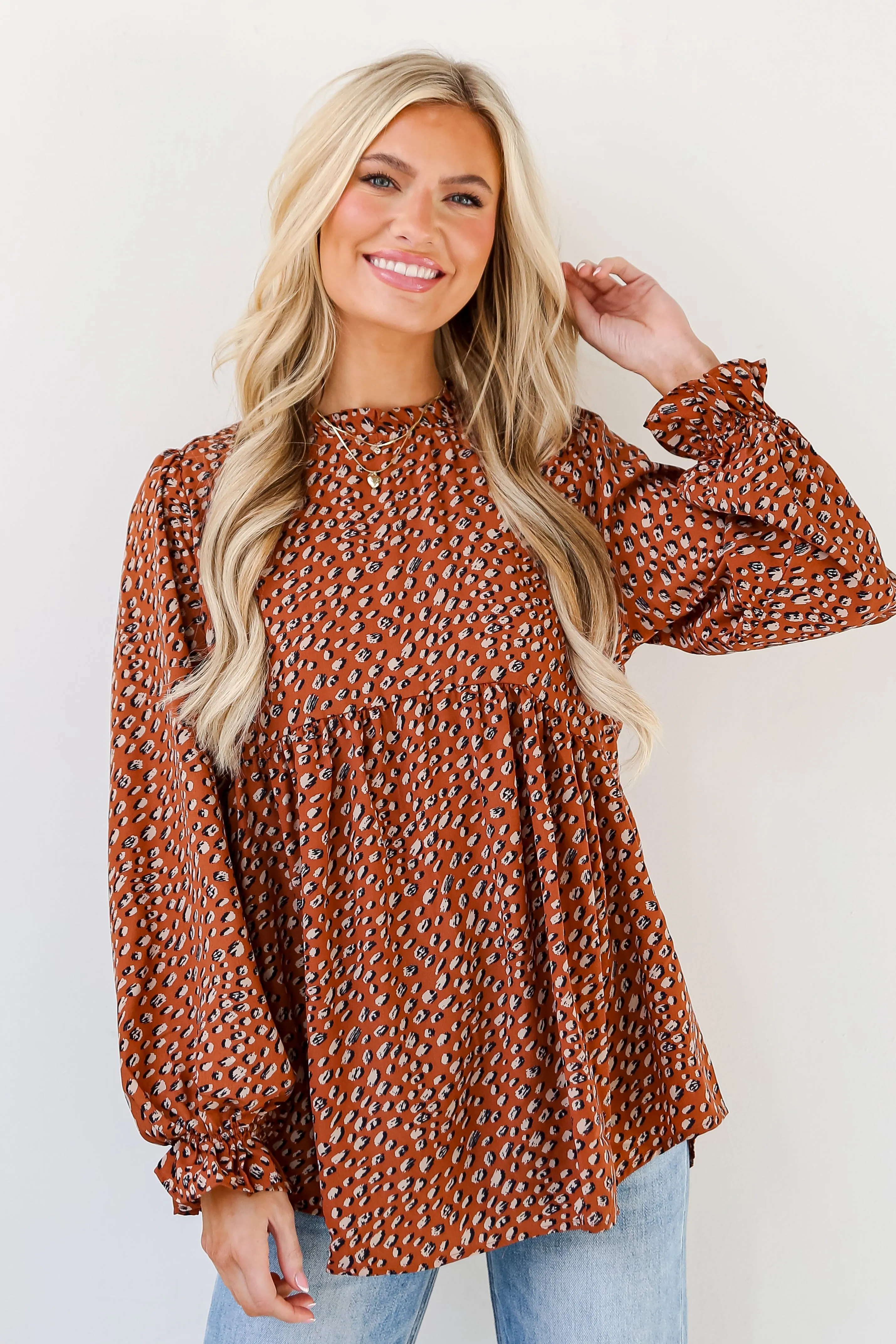 FINAL SALE - Exceptional Option Brown Spotted Babydoll Blouse