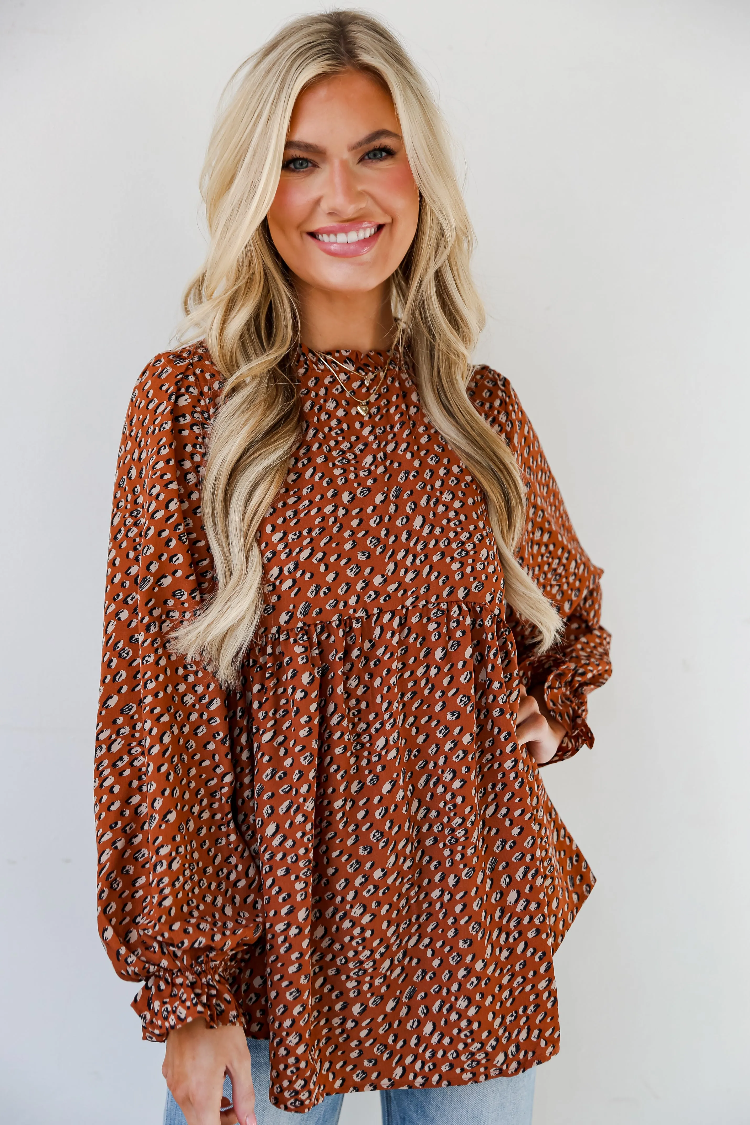FINAL SALE - Exceptional Option Brown Spotted Babydoll Blouse