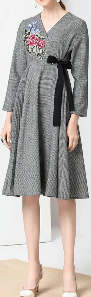 Floral-Embroidered Houndstooth Wrap Dress