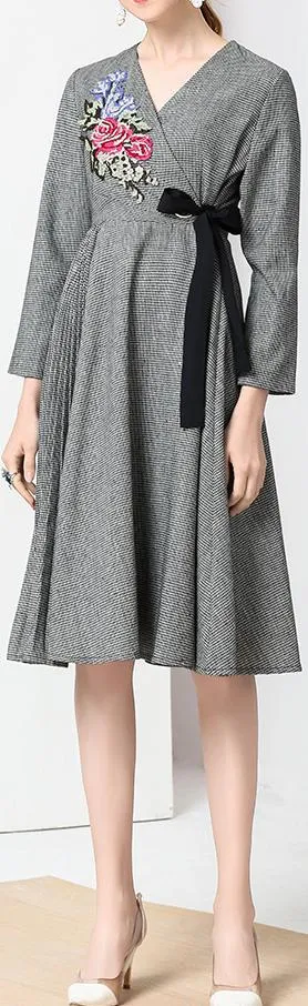 Floral-Embroidered Houndstooth Wrap Dress