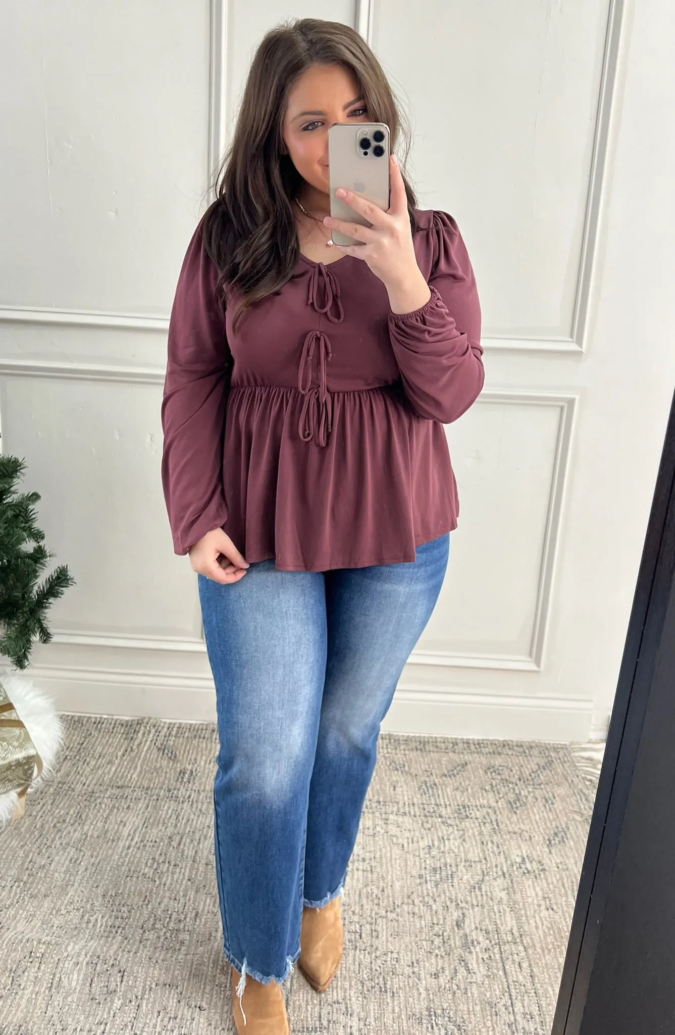Front Ribbon Bow Tie Babydoll Blouse