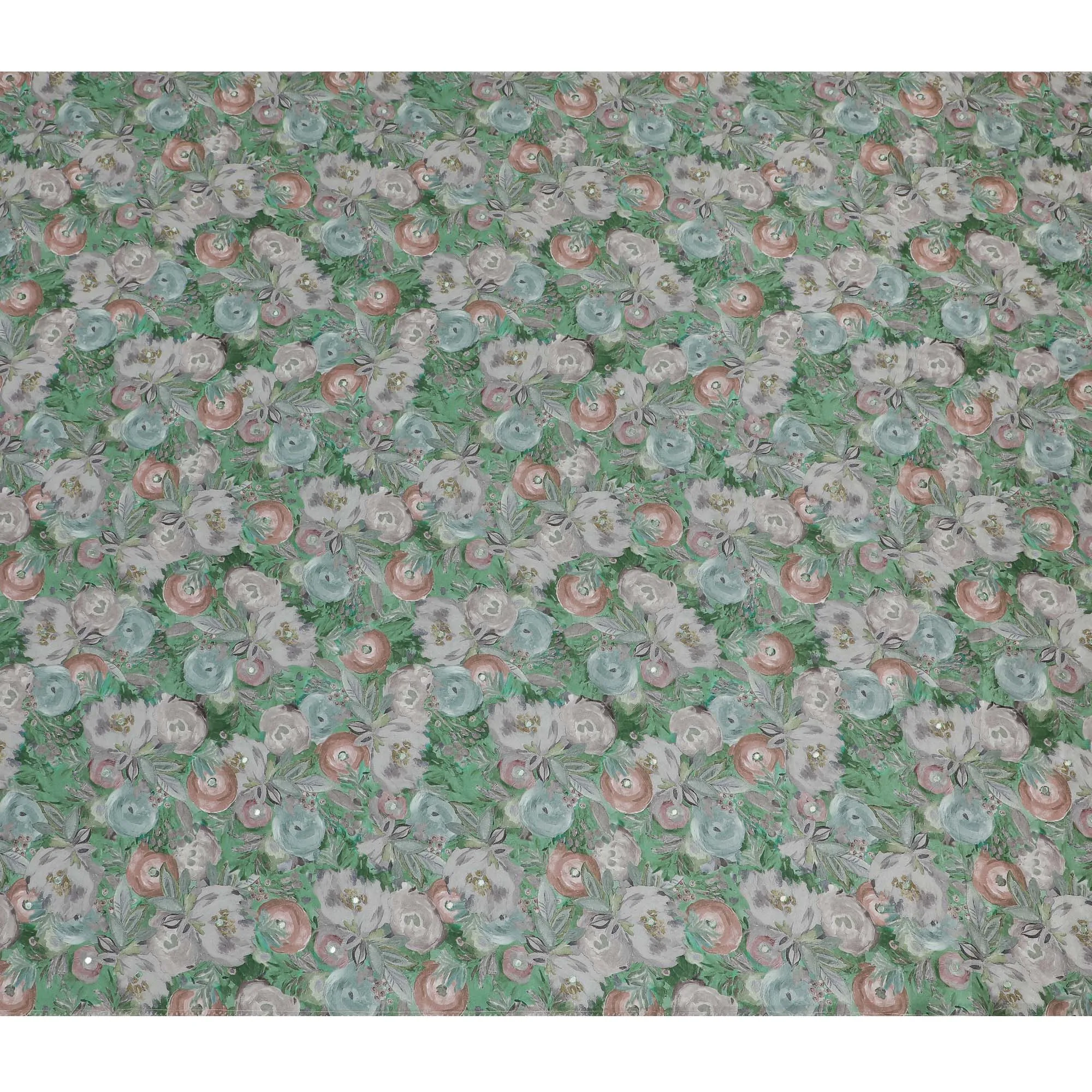 Green and Grey Floral Viscose Crepe Printed Fabric - 110 cm Wide-D20014