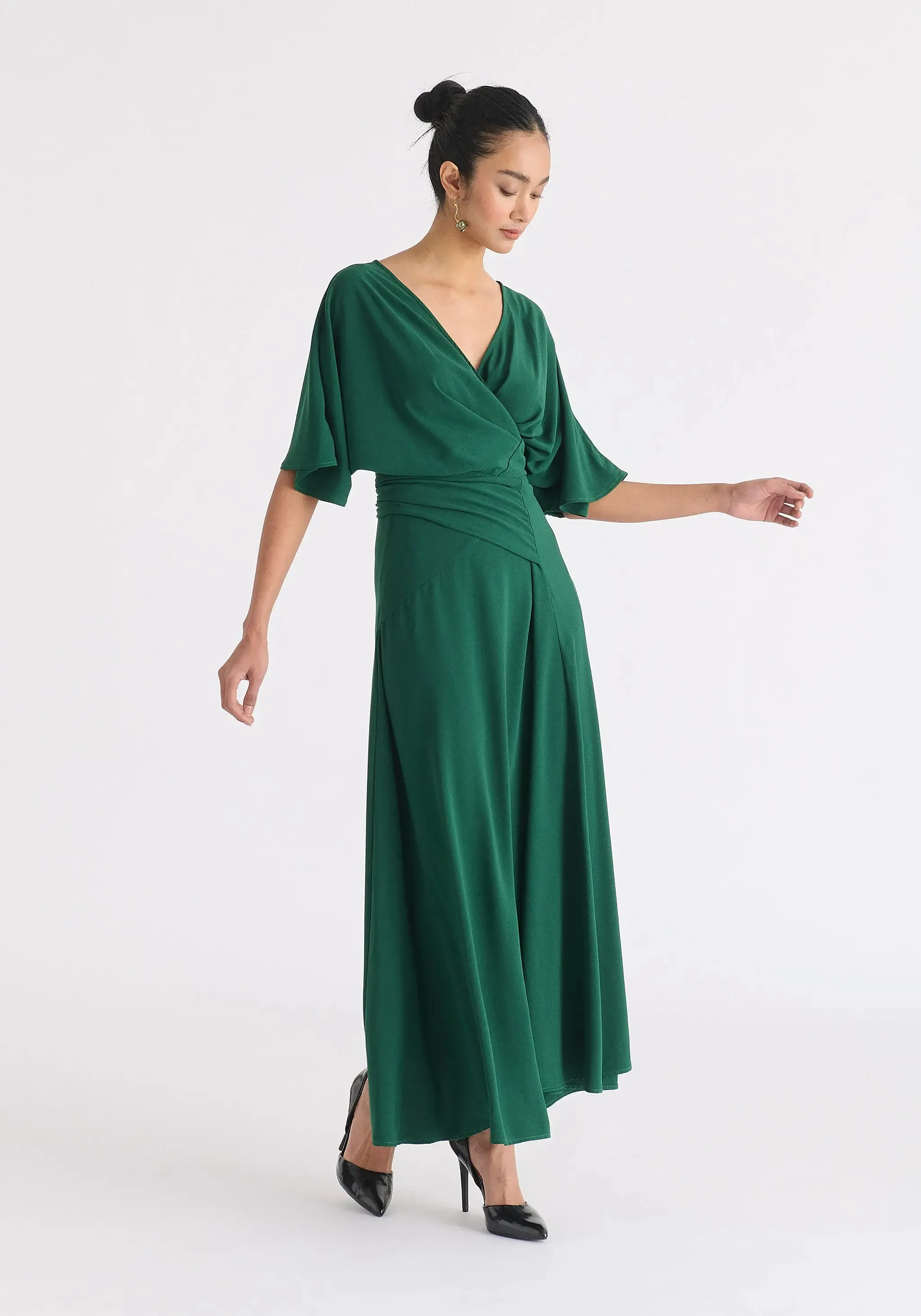 Green Flare Sleeves Maxi Wrap Dress