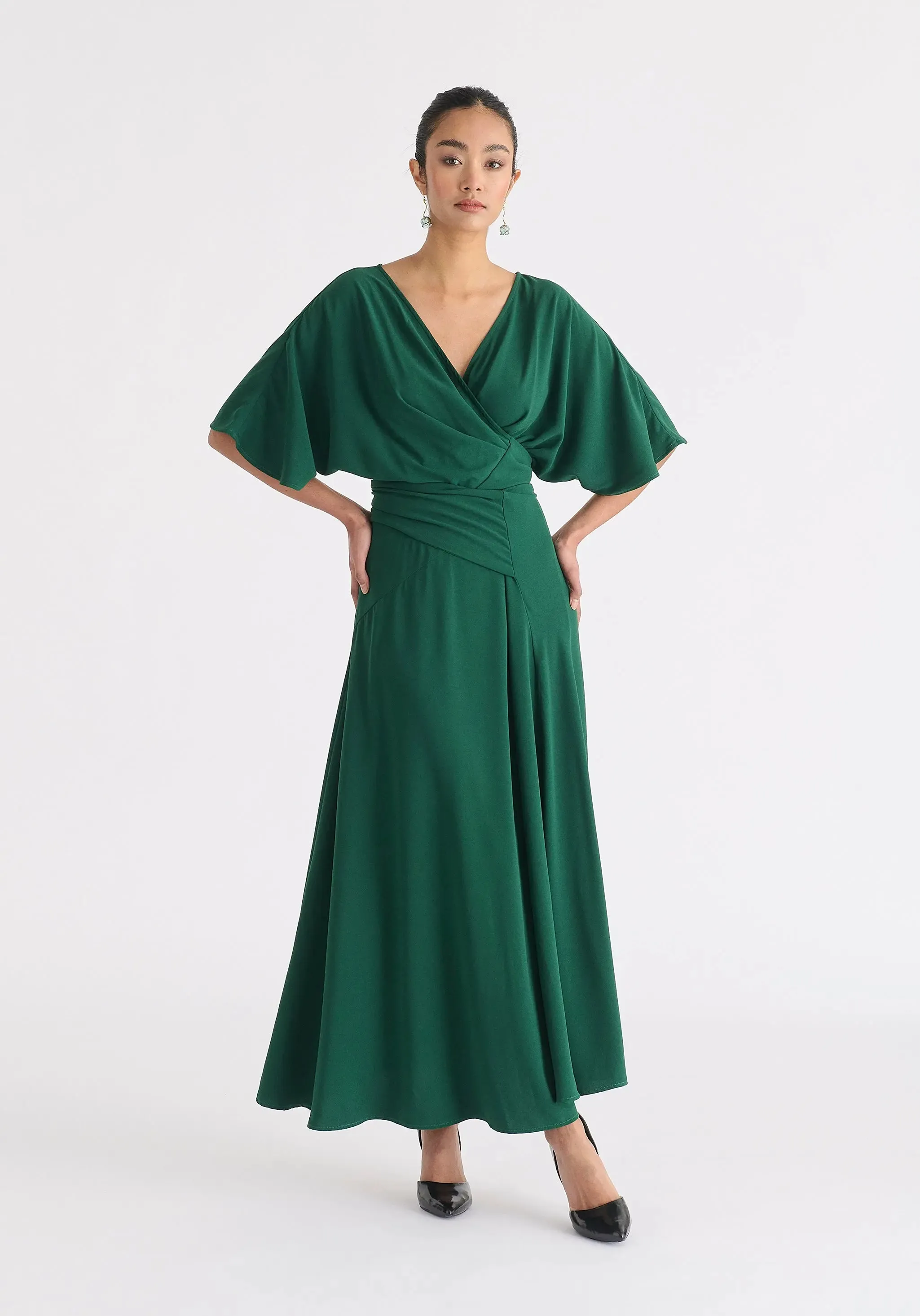 Green Flare Sleeves Maxi Wrap Dress