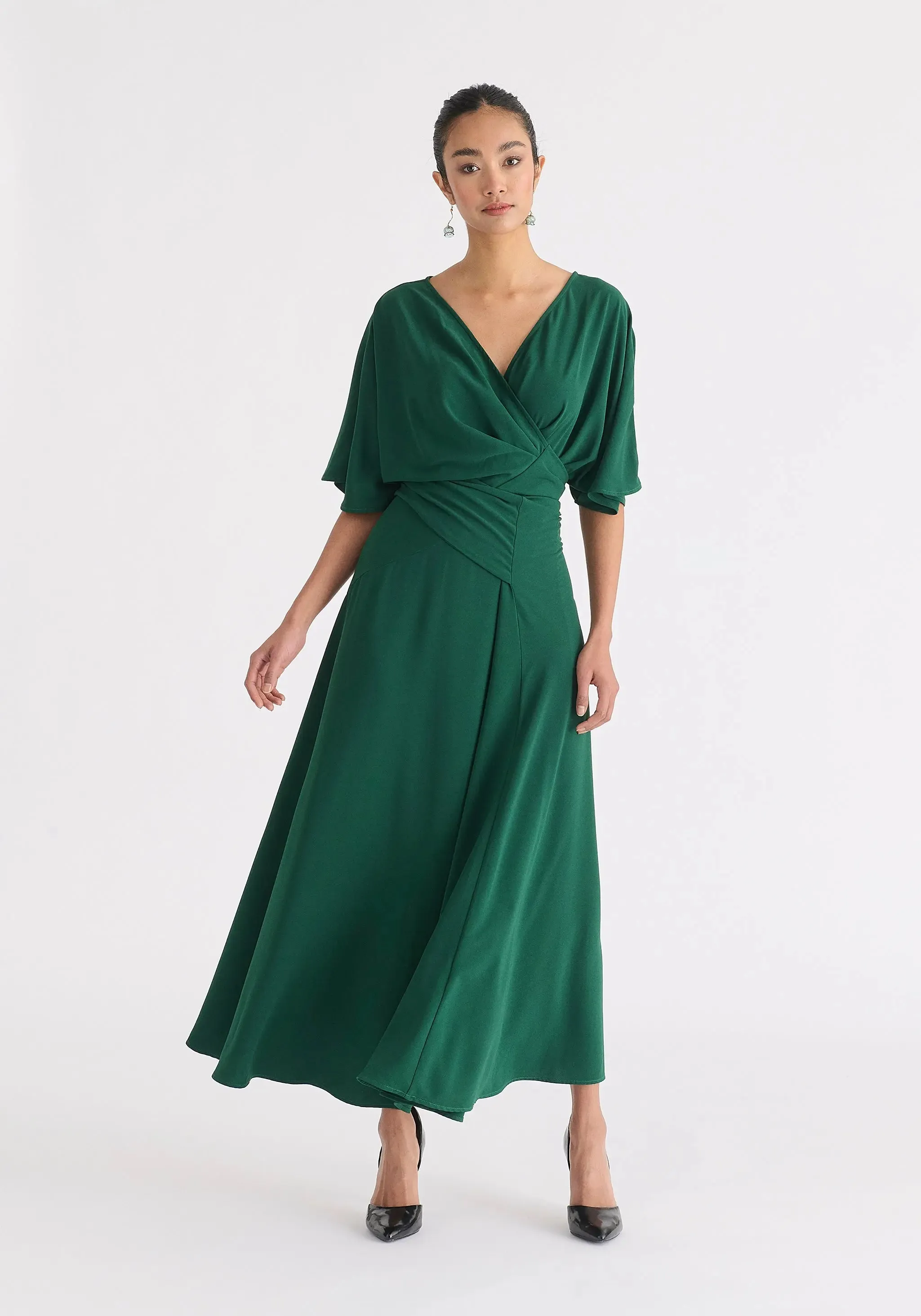 Green Flare Sleeves Maxi Wrap Dress