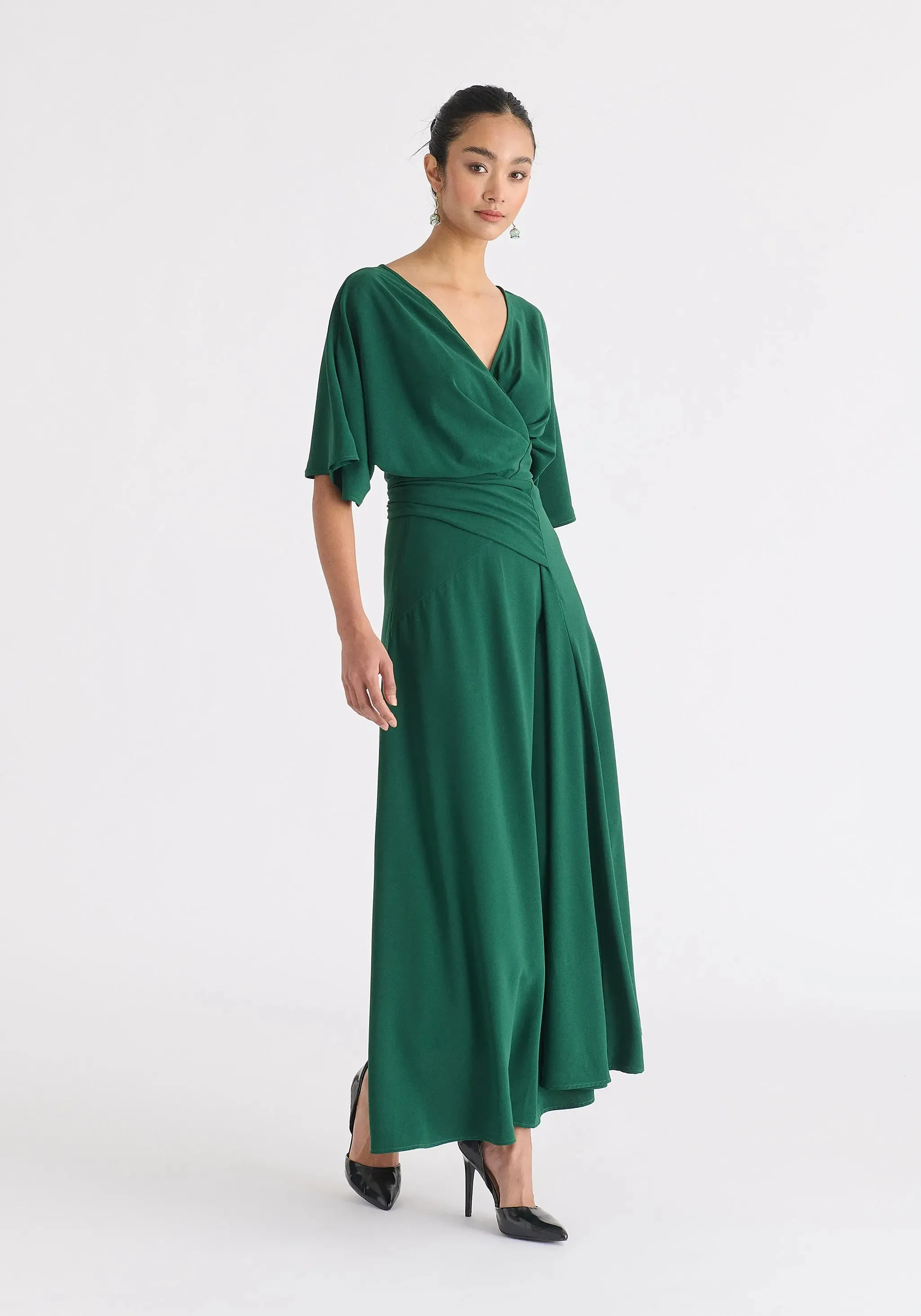 Green Flare Sleeves Maxi Wrap Dress
