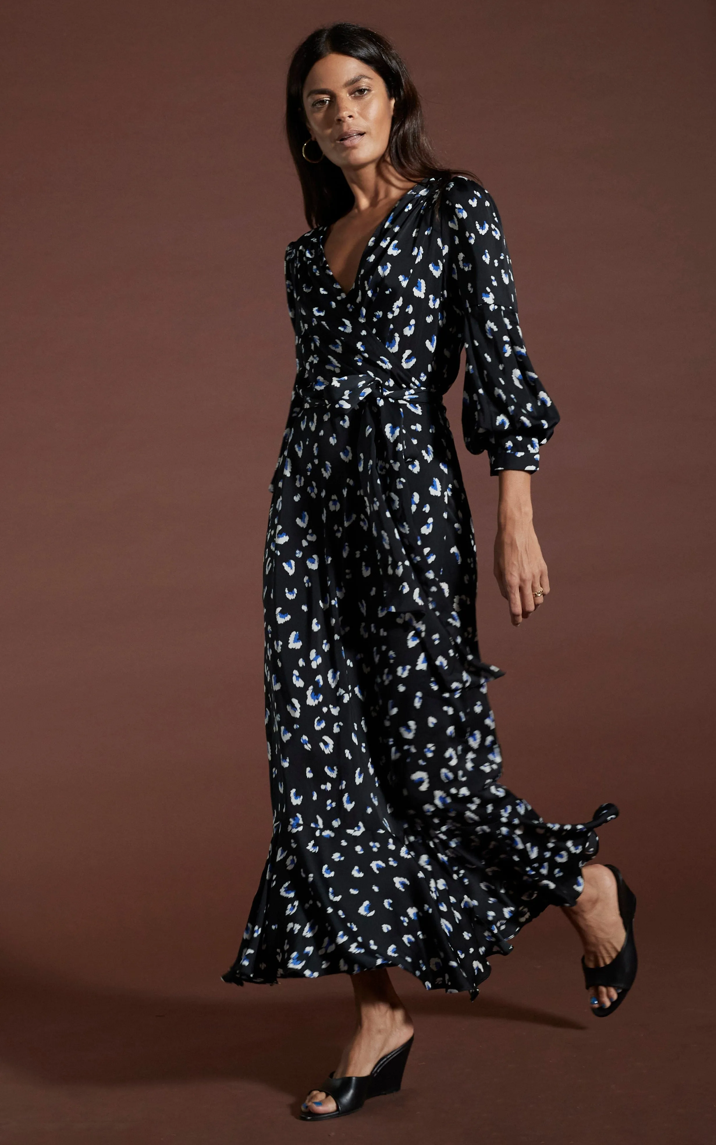 Havannah Maxi Wrap Dress in Abstract White on Black Leopard