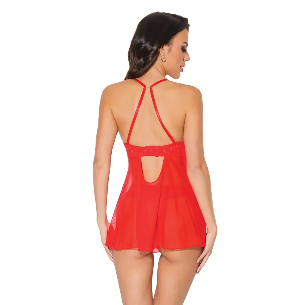 Holiday Scallop Stretch Lace & Mesh Babydoll & Thong