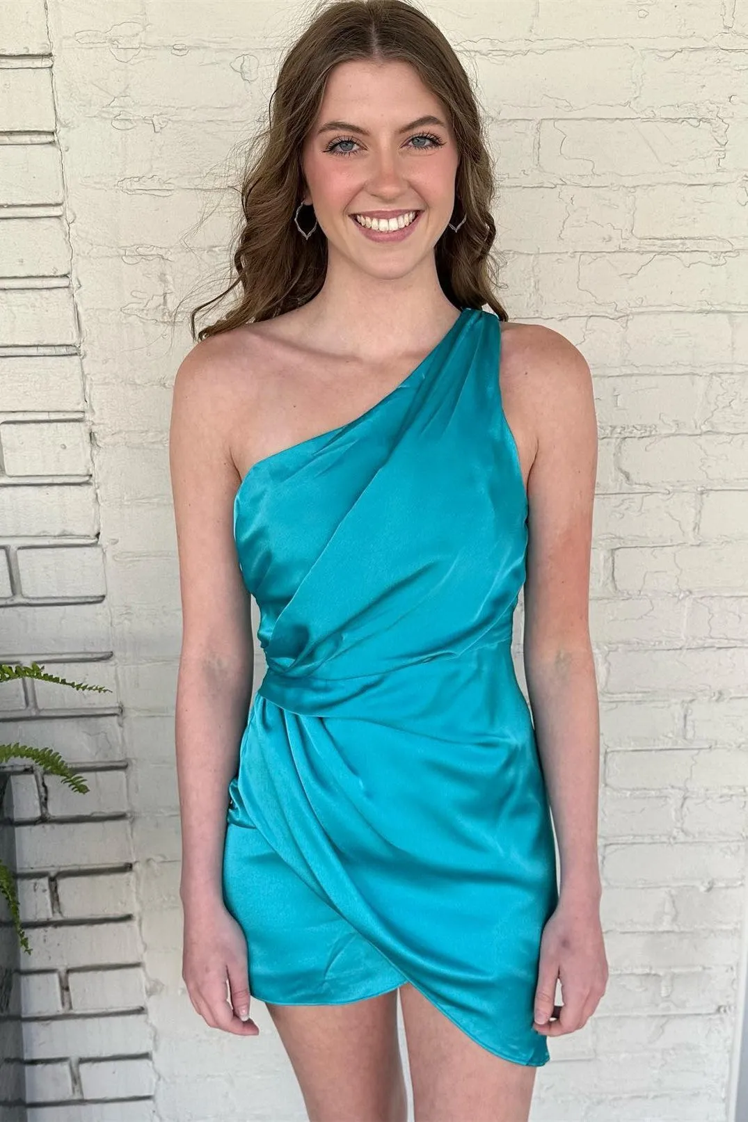 Jade Faux-Wrap One Shoulder Satin Homecoming Dress