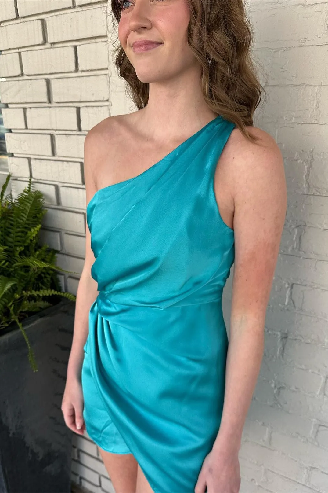 Jade Faux-Wrap One Shoulder Satin Homecoming Dress