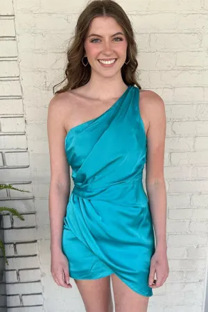 Jade Faux-Wrap One Shoulder Satin Homecoming Dress